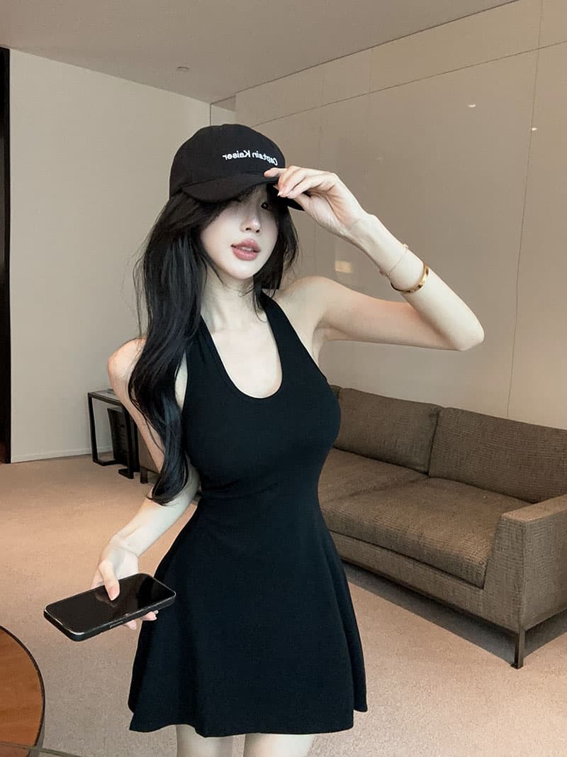 실사 정가 순수한 욕망 섹시함 행침 목 짧은 우산 치마 여성 몸매 가꾸기 니트 백리스 허리 수축 드레스 상세 이미지 2