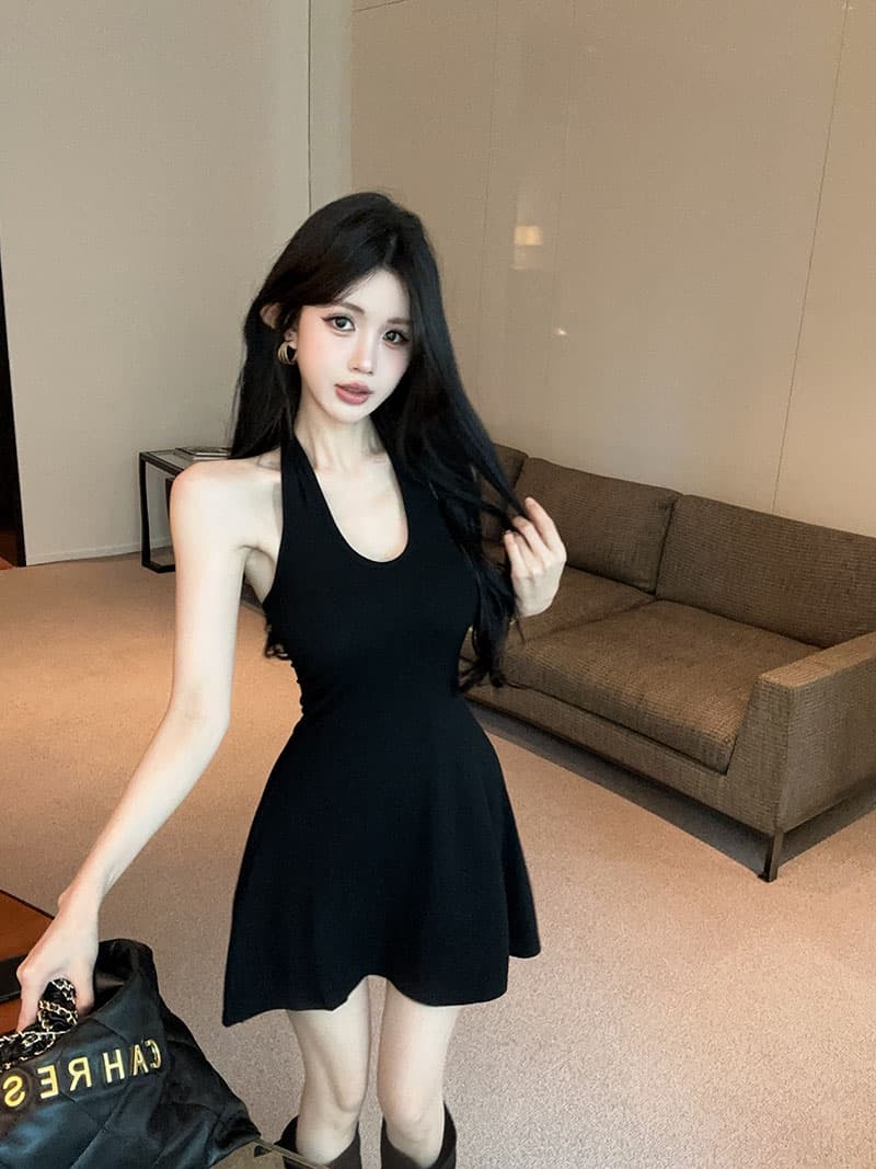 실사 정가 순수한 욕망 섹시함 행침 목 짧은 우산 치마 여성 몸매 가꾸기 니트 백리스 허리 수축 드레스 상세 이미지 10