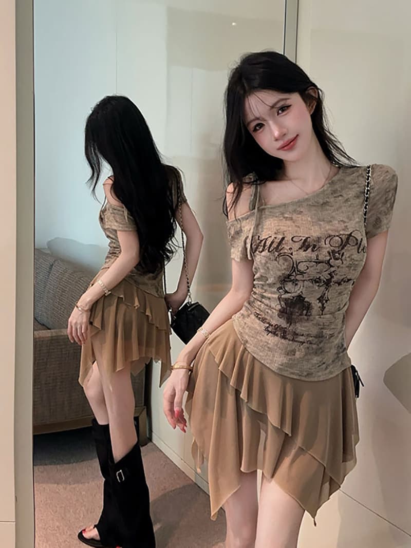실사 정가 아메리칸 핫걸 비스듬한 어깨 오프숄더 불규칙 프린트 몸매 가꾸기 반팔 드레스 이미지 2
