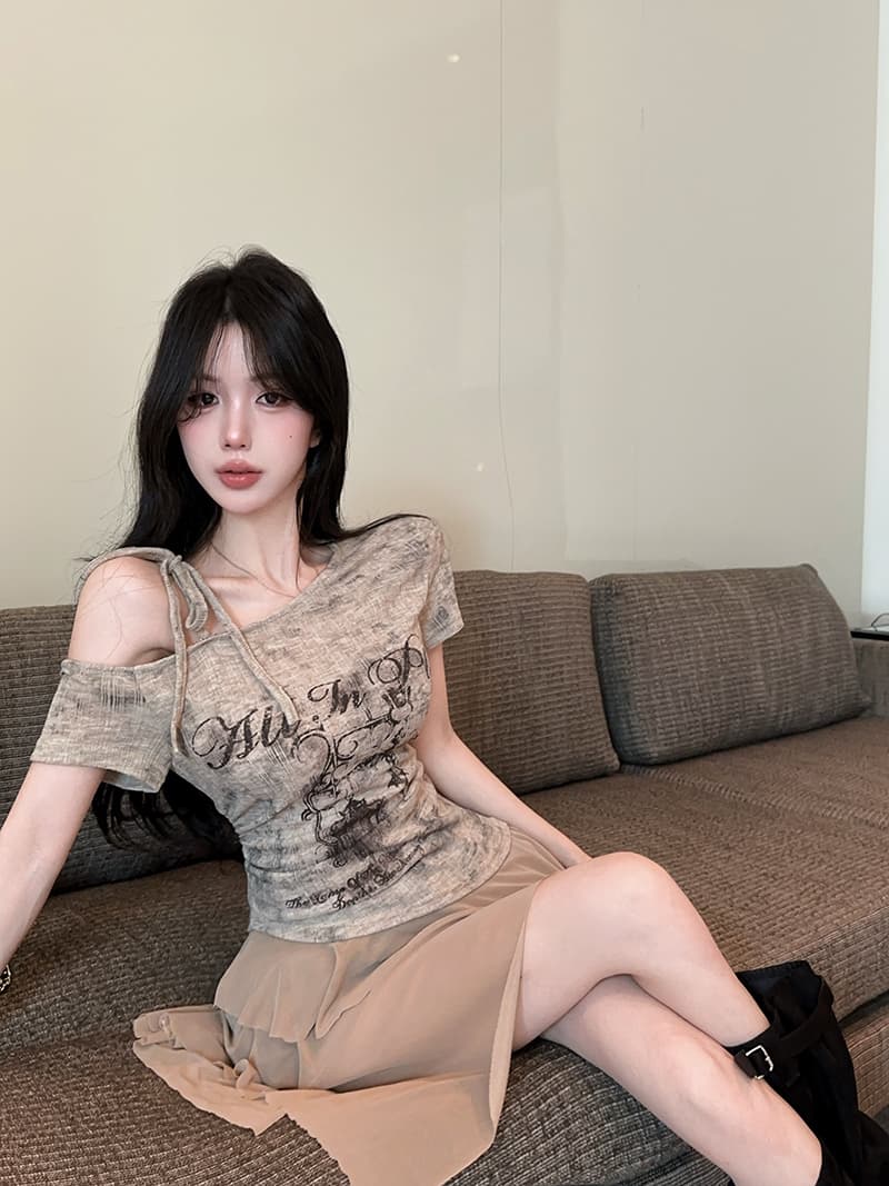 실사 정가 아메리칸 핫걸 비스듬한 어깨 오프숄더 불규칙 프린트 몸매 가꾸기 반팔 드레스 상세 이미지 1
