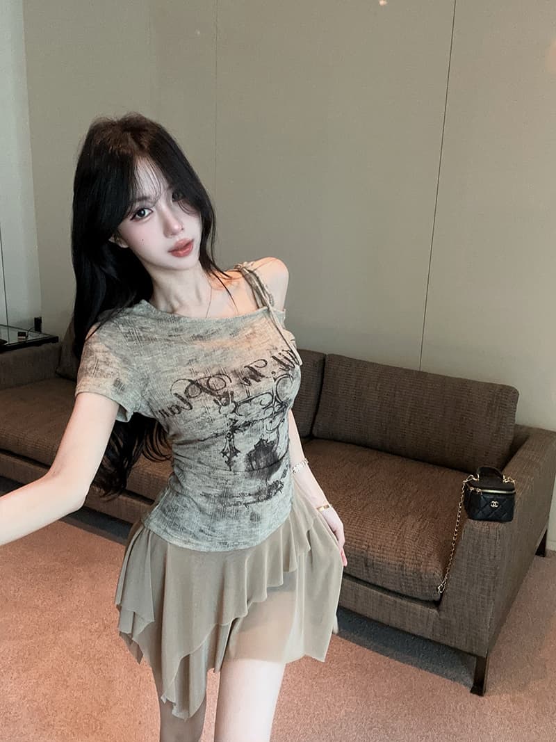 실사 정가 아메리칸 핫걸 비스듬한 어깨 오프숄더 불규칙 프린트 몸매 가꾸기 반팔 드레스 상세 이미지 3