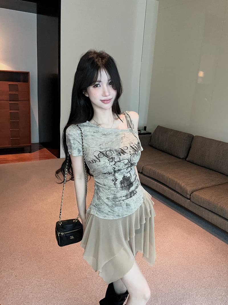 실사 정가 아메리칸 핫걸 비스듬한 어깨 오프숄더 불규칙 프린트 몸매 가꾸기 반팔 드레스 상세 이미지 4