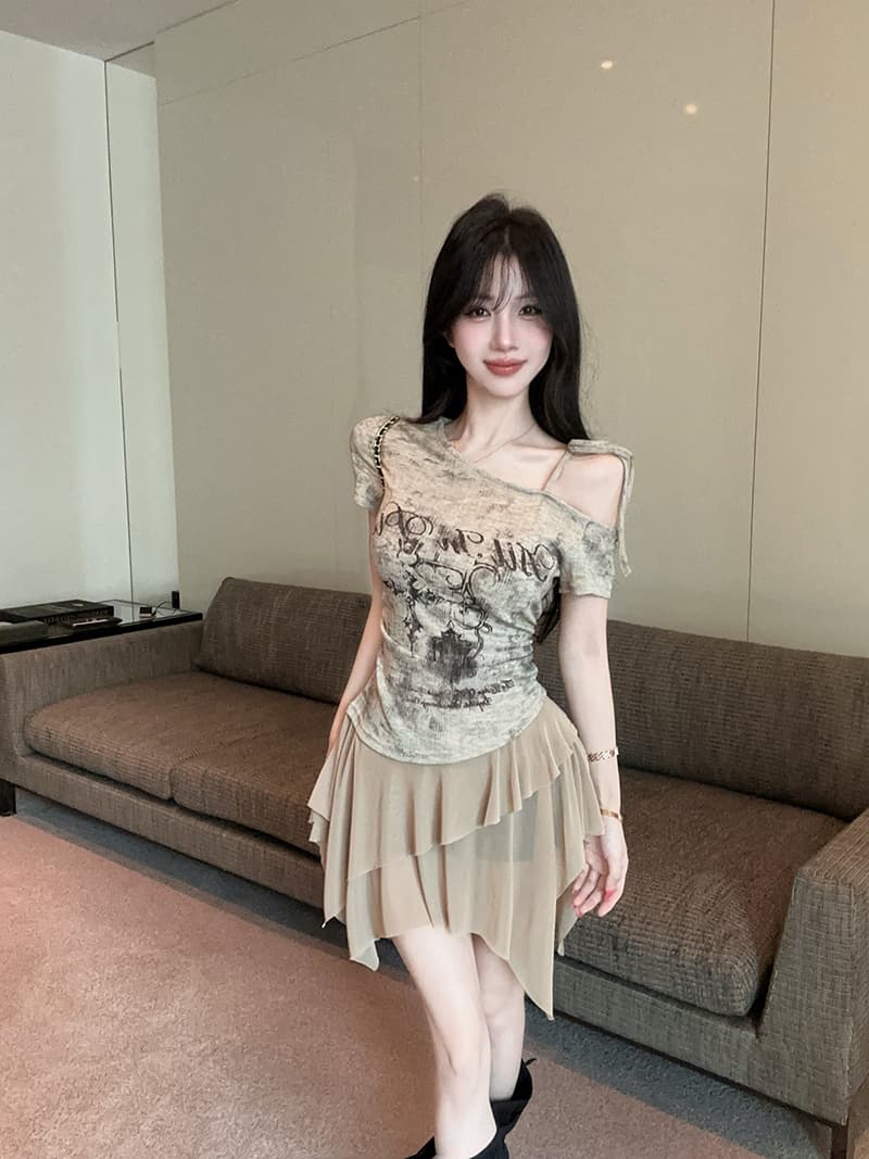 실사 정가 아메리칸 핫걸 비스듬한 어깨 오프숄더 불규칙 프린트 몸매 가꾸기 반팔 드레스 상세 이미지 12