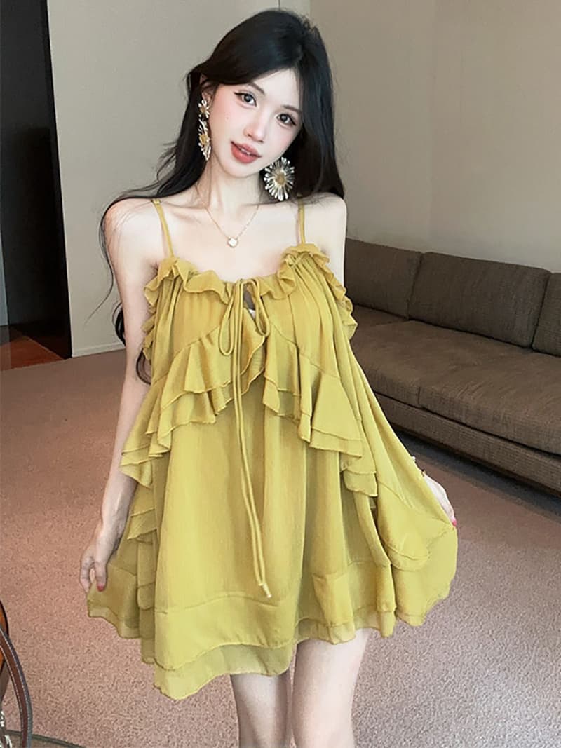 실사 정가 품격 무거운 작업 슬립 프릴 불규칙 여성 드레스