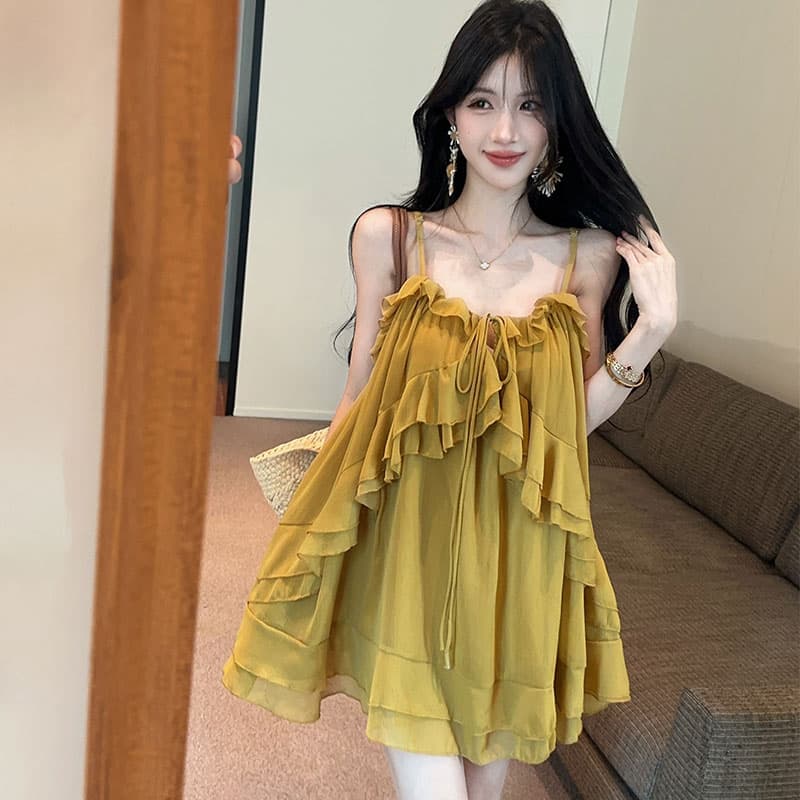 실사 정가 품격 무거운 작업 슬립 프릴 불규칙 여성 드레스 이미지 5