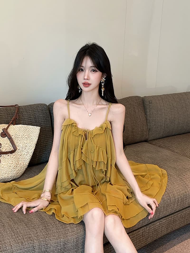 실사 정가 품격 무거운 작업 슬립 프릴 불규칙 여성 드레스 이미지 4