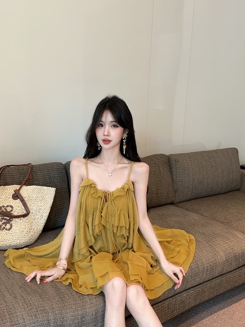 실사 정가 품격 무거운 작업 슬립 프릴 불규칙 여성 드레스 상세 이미지 4