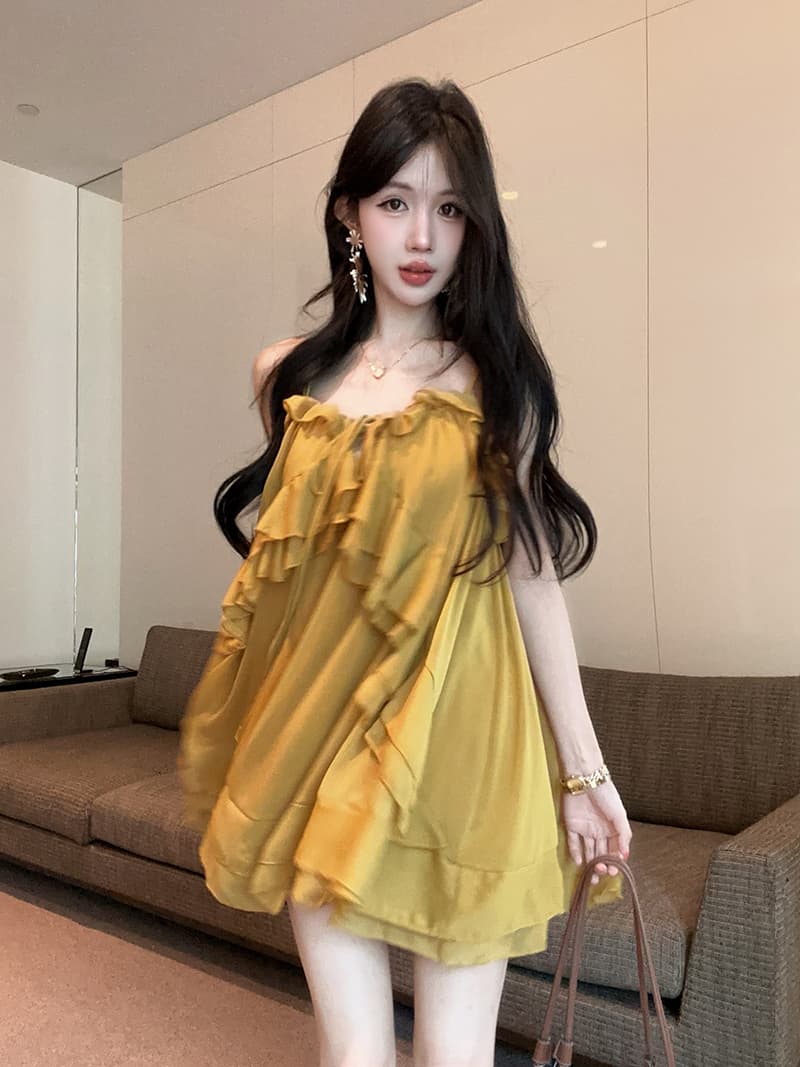 실사 정가 품격 무거운 작업 슬립 프릴 불규칙 여성 드레스 상세 이미지 9