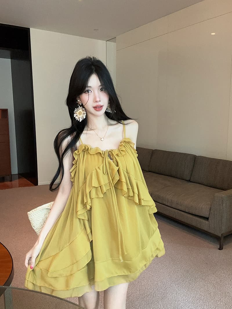 실사 정가 품격 무거운 작업 슬립 프릴 불규칙 여성 드레스 상세 이미지 12