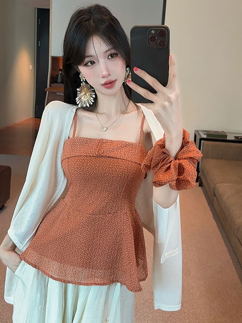 실사 정가 품격 도트 무늬 쉬폰 슬립 단색 태양 보호 셔츠 웨이브 포인트 서클 3종 세트 이미지 2