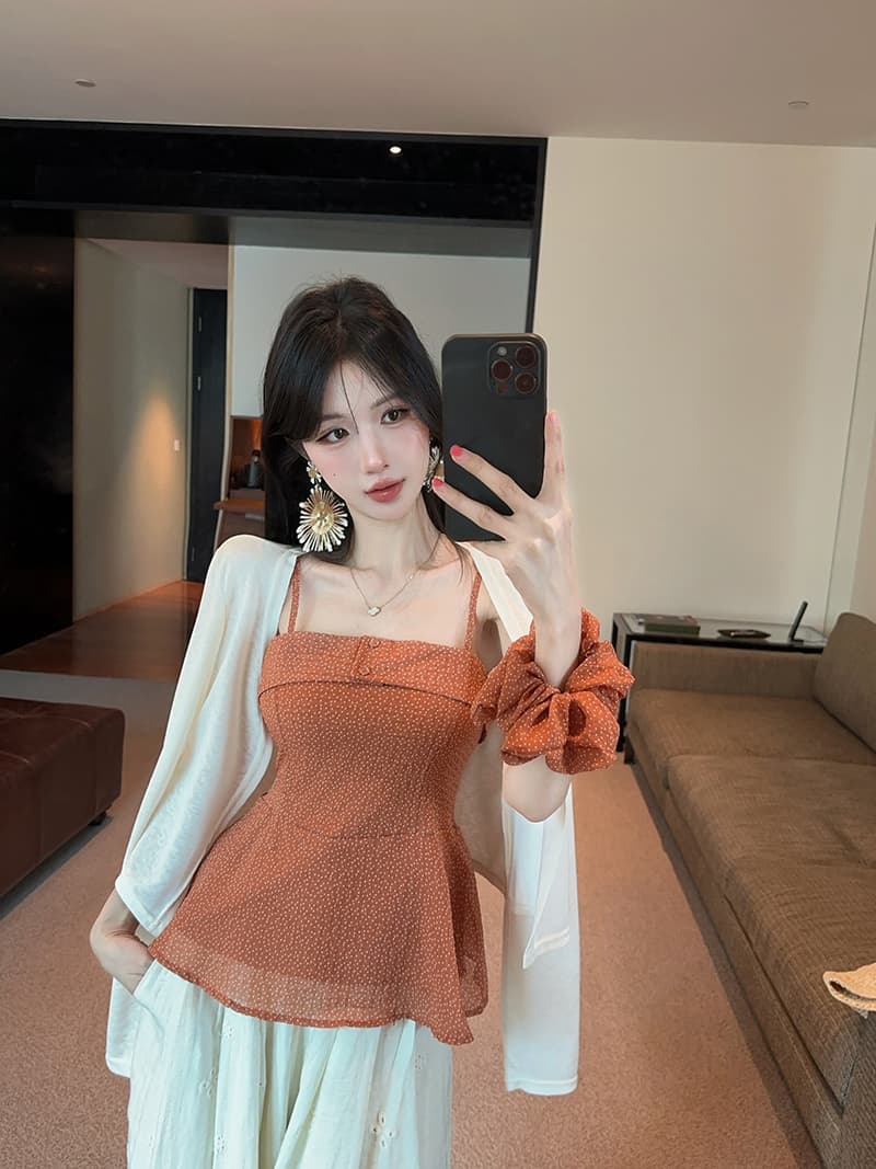 실사 정가 품격 도트 무늬 쉬폰 슬립 단색 태양 보호 셔츠 웨이브 포인트 서클 3종 세트 상세 이미지 1