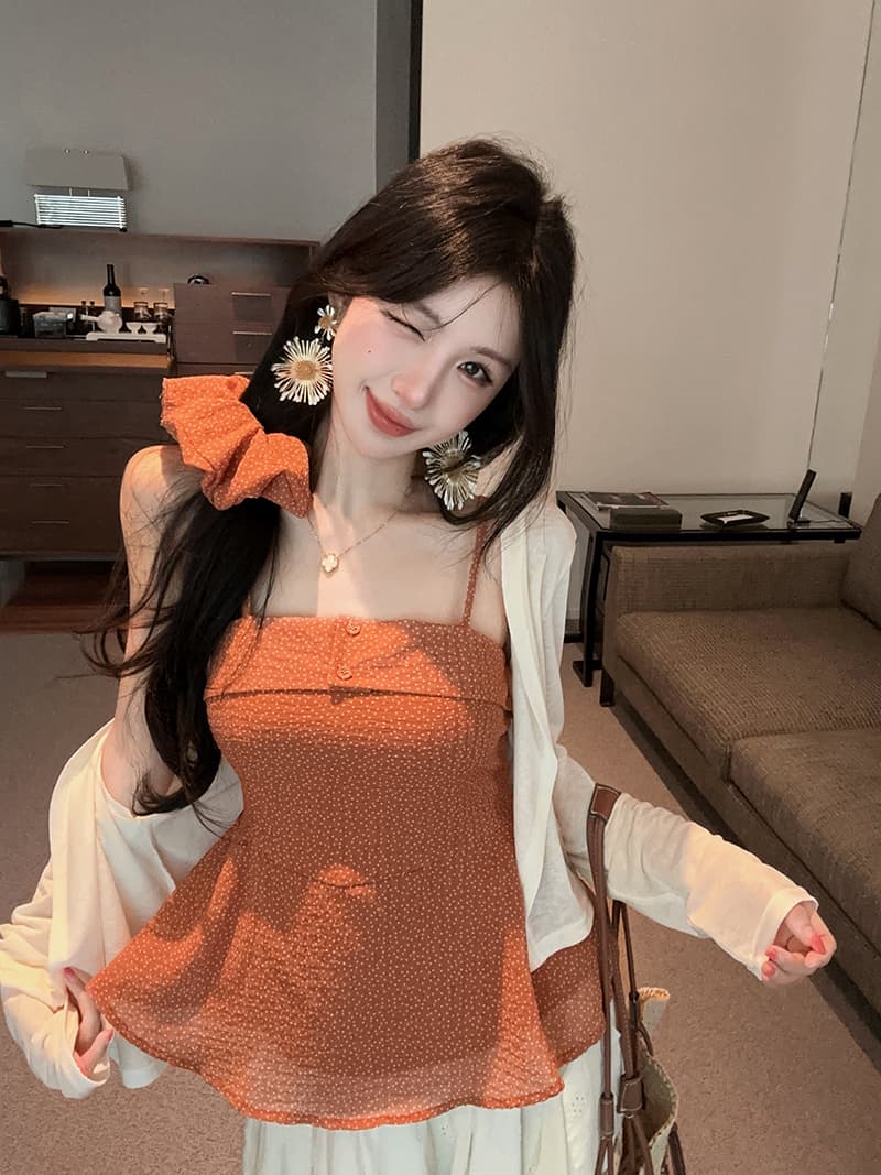 실사 정가 품격 도트 무늬 쉬폰 슬립 단색 태양 보호 셔츠 웨이브 포인트 서클 3종 세트 상세 이미지 2