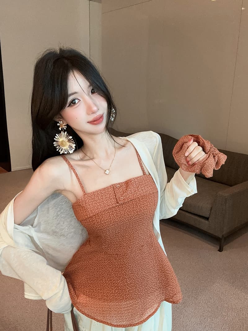 실사 정가 품격 도트 무늬 쉬폰 슬립 단색 태양 보호 셔츠 웨이브 포인트 서클 3종 세트 상세 이미지 3