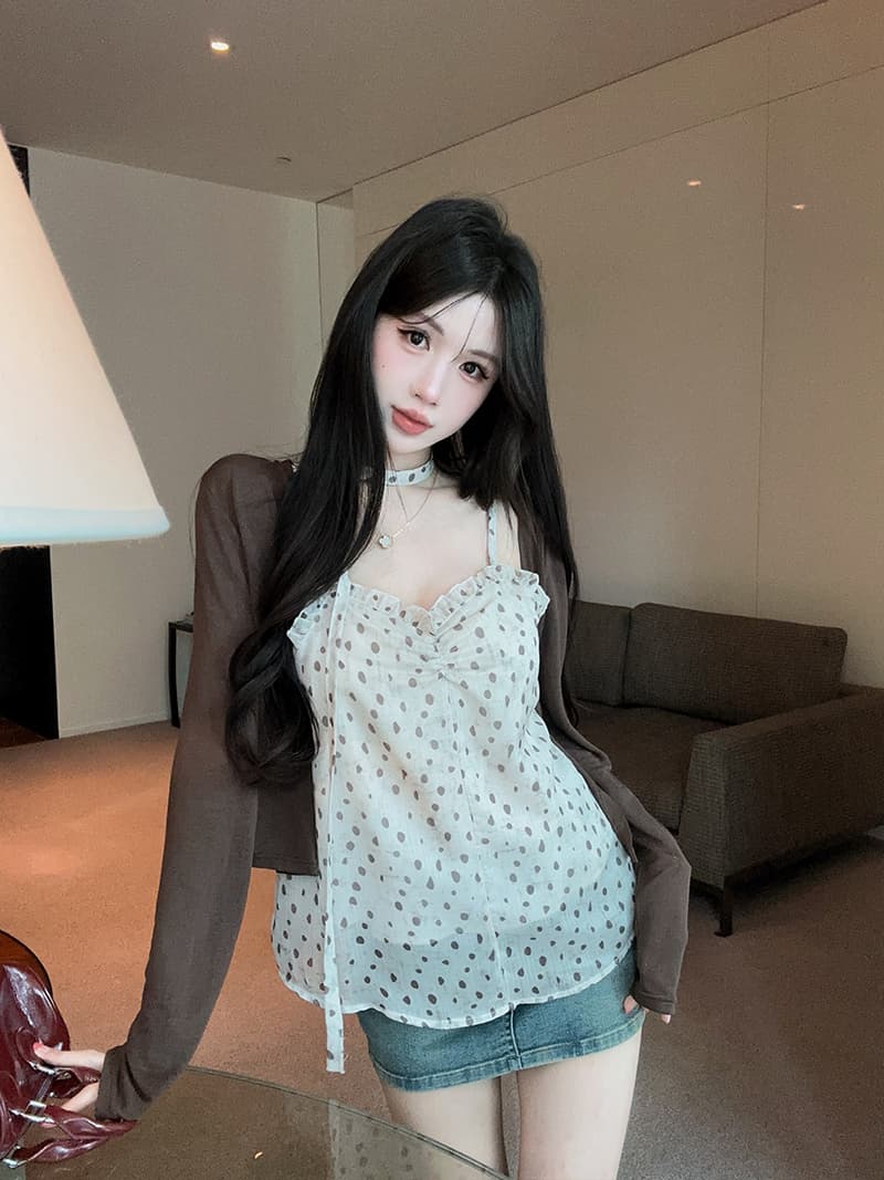 실사 정가 도트 무늬 슬립 다용도 몸매 가꾸기 슬림해 보이는 니트 오픈 가디건 리본 3종 세트 상세 이미지 2