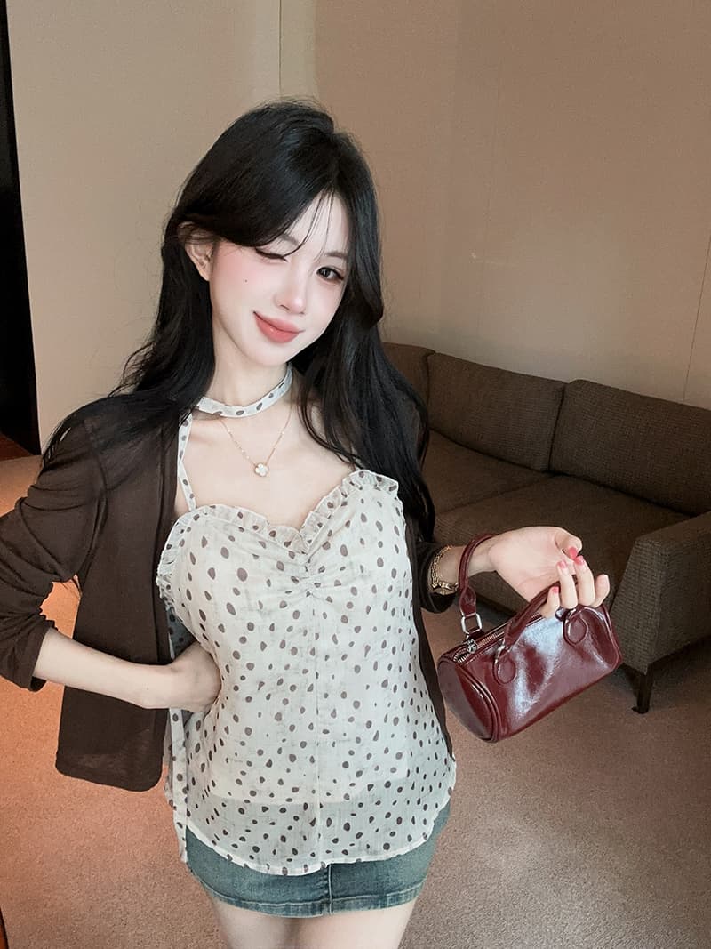 실사 정가 도트 무늬 슬립 다용도 몸매 가꾸기 슬림해 보이는 니트 오픈 가디건 리본 3종 세트 상세 이미지 3
