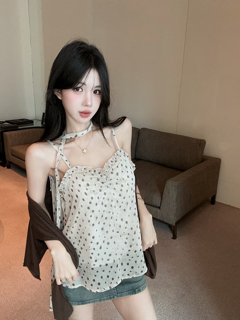 실사 정가 도트 무늬 슬립 다용도 몸매 가꾸기 슬림해 보이는 니트 오픈 가디건 리본 3종 세트 상세 이미지 5