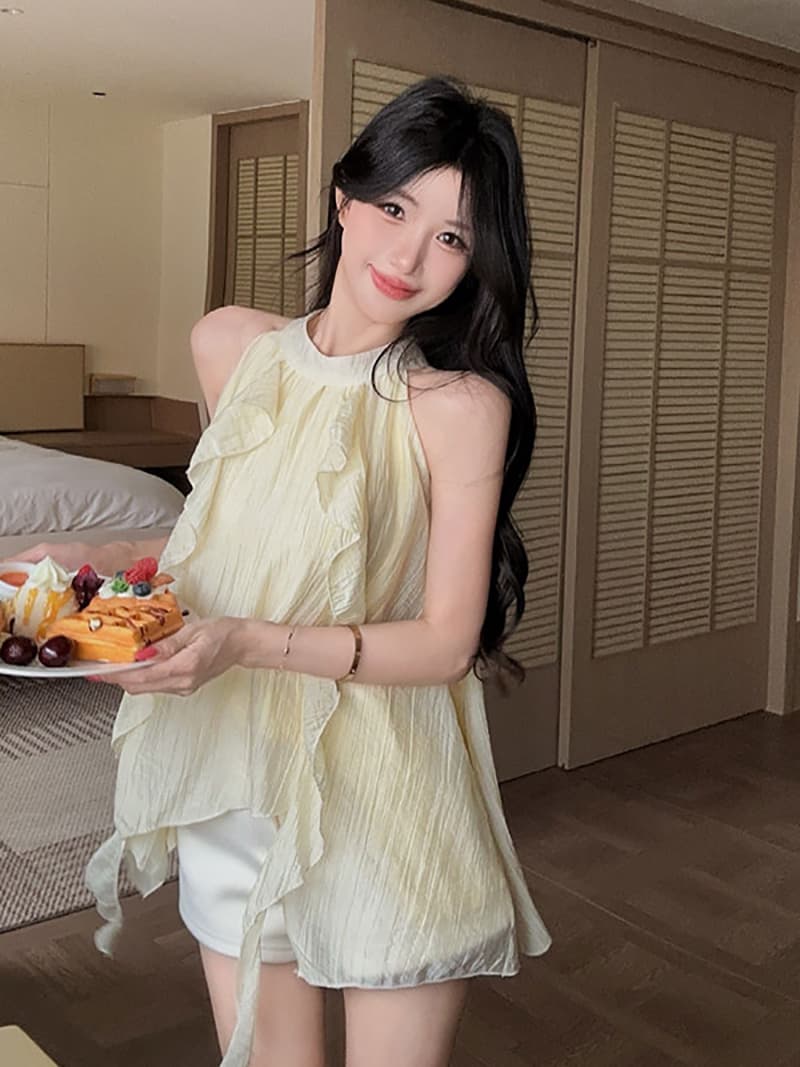 실사 정가 행침 목 민소매 쉬폰 여성 달콤함 고유 한 맨위 이미지 4