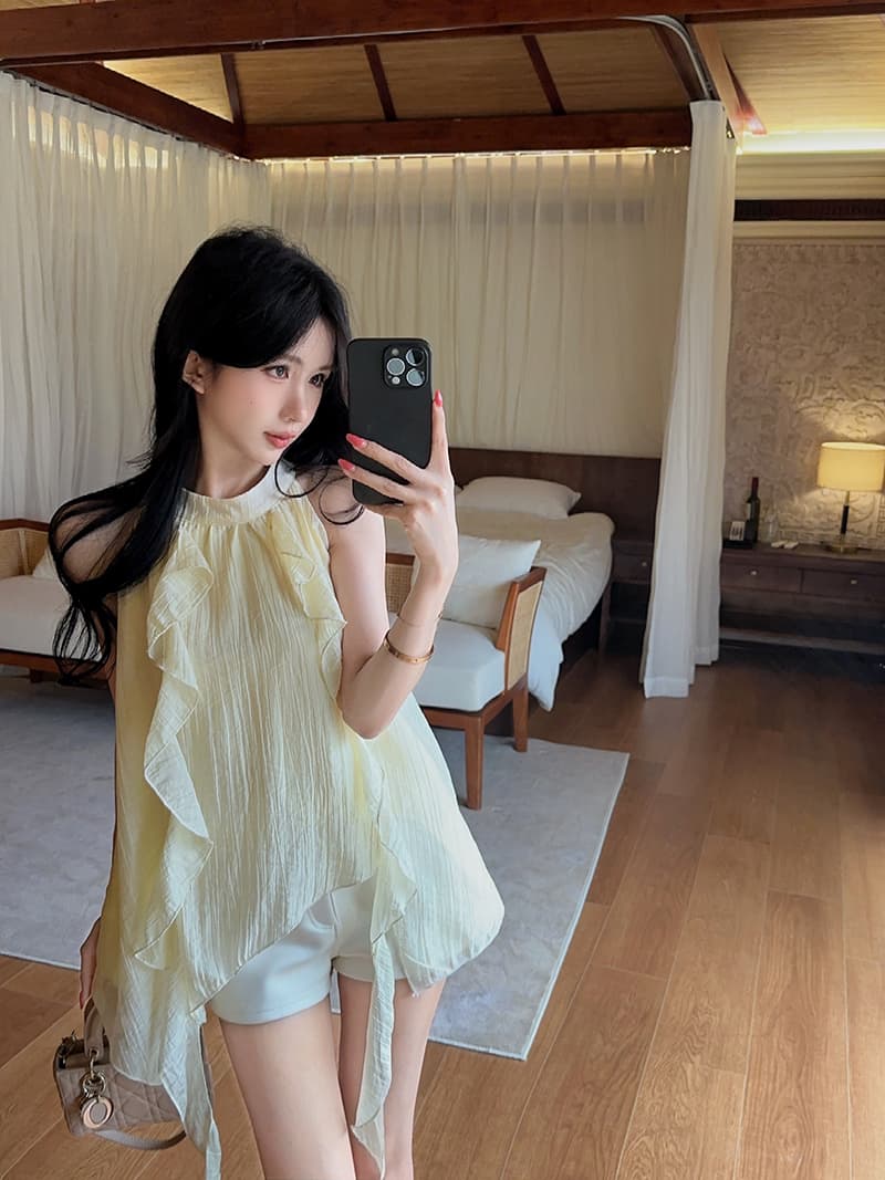 실사 정가 행침 목 민소매 쉬폰 여성 달콤함 고유 한 맨위 상세 이미지 2