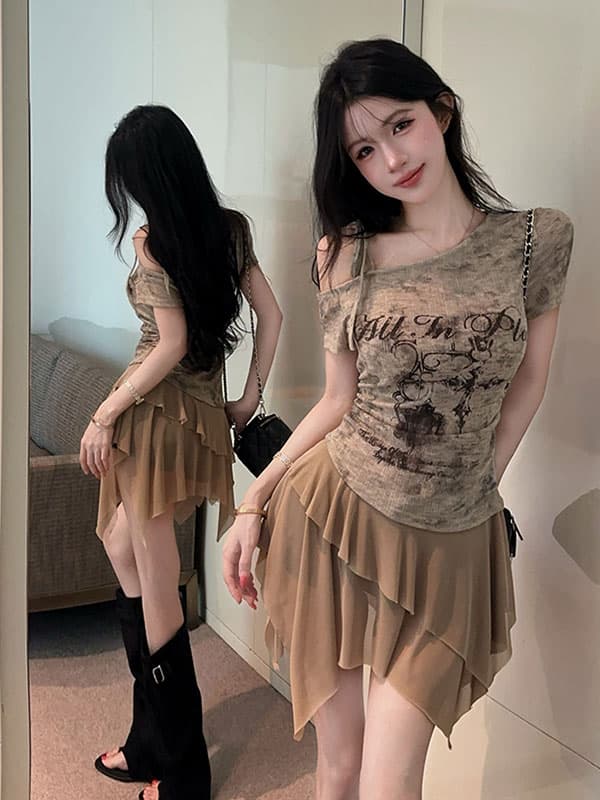 실사 정가 아메리칸 핫걸 비스듬한 어깨 오프숄더 불규칙 프린트 몸매 가꾸기 반팔 드레스