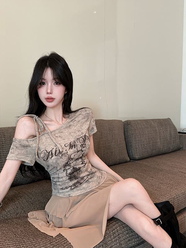 실사 정가 아메리칸 핫걸 비스듬한 어깨 오프숄더 불규칙 프린트 몸매 가꾸기 반팔 드레스 이미지 4