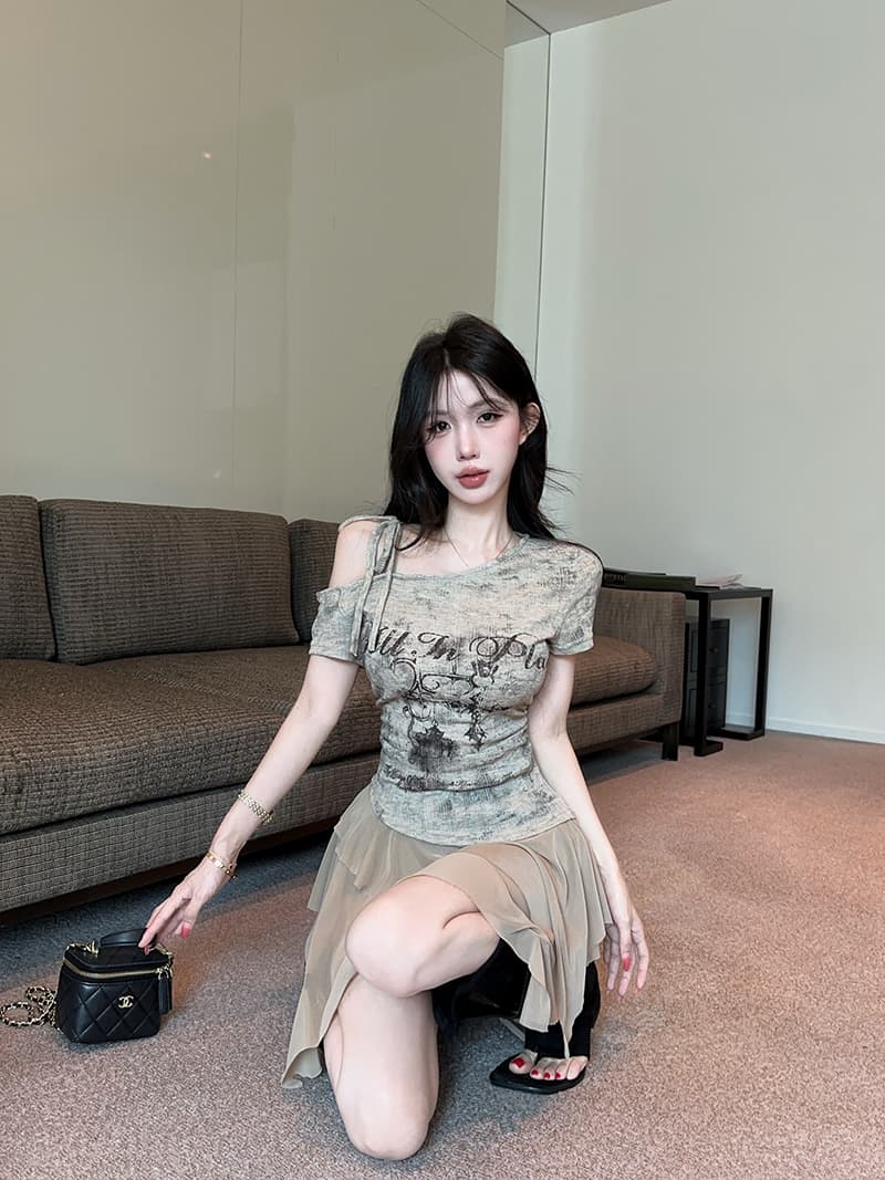 실사 정가 아메리칸 핫걸 비스듬한 어깨 오프숄더 불규칙 프린트 몸매 가꾸기 반팔 드레스 상세 이미지 7