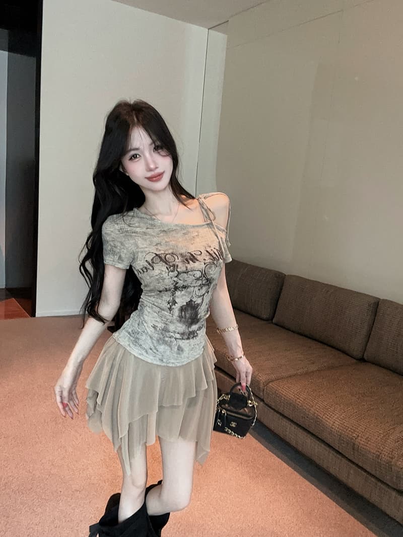 실사 정가 아메리칸 핫걸 비스듬한 어깨 오프숄더 불규칙 프린트 몸매 가꾸기 반팔 드레스 상세 이미지 11