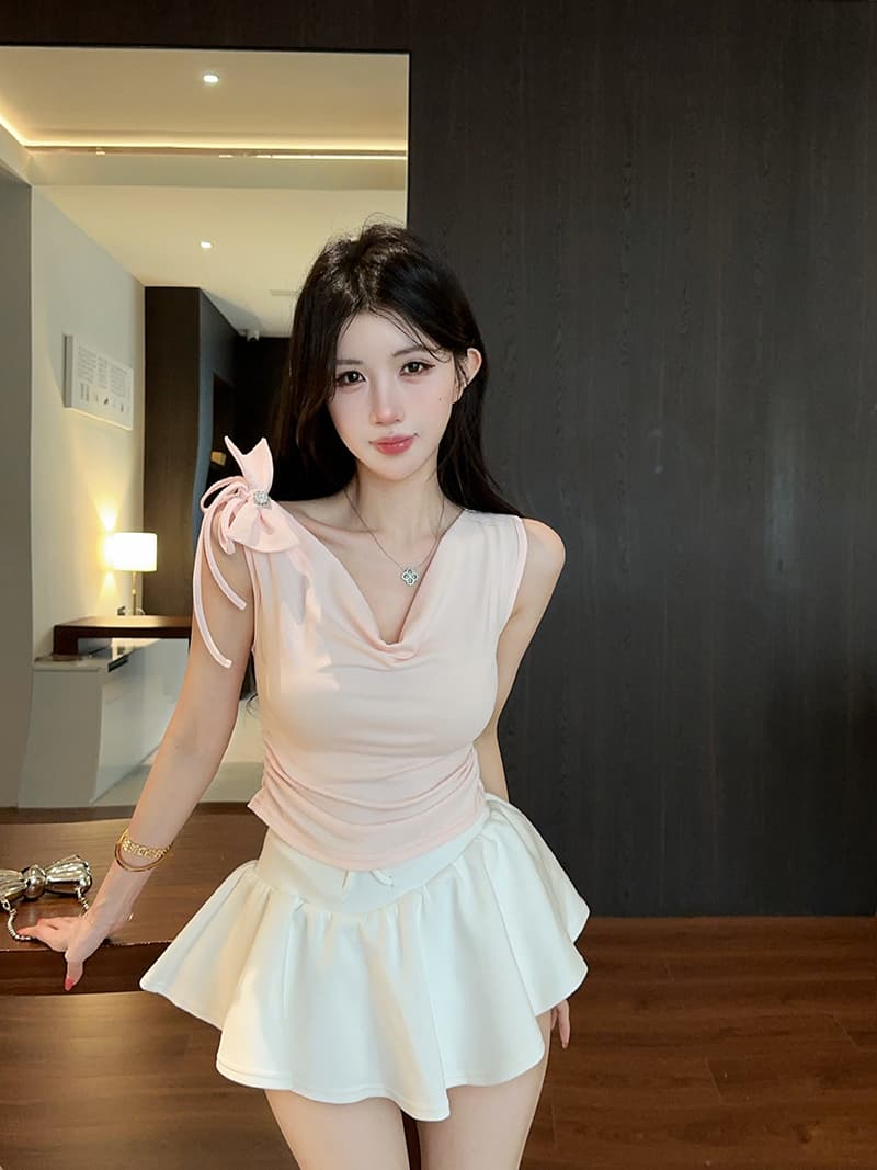 실사 한국 스타일 장난기 넘치는 나비 매듭 오프숄더 다용도 Feifei 소매 쇼트 스타일 티셔츠 상세 이미지 5