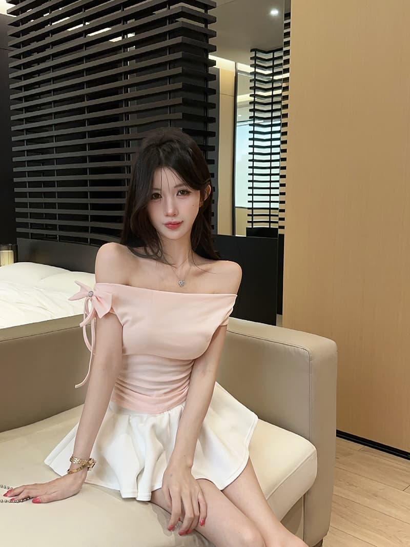 실사 한국 스타일 장난기 넘치는 나비 매듭 오프숄더 다용도 Feifei 소매 쇼트 스타일 티셔츠 상세 이미지 10