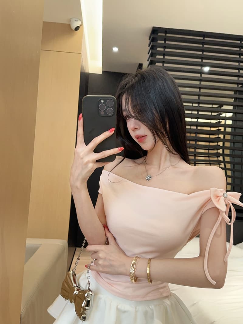 실사 한국 스타일 장난기 넘치는 나비 매듭 오프숄더 다용도 Feifei 소매 쇼트 스타일 티셔츠 상세 이미지 11