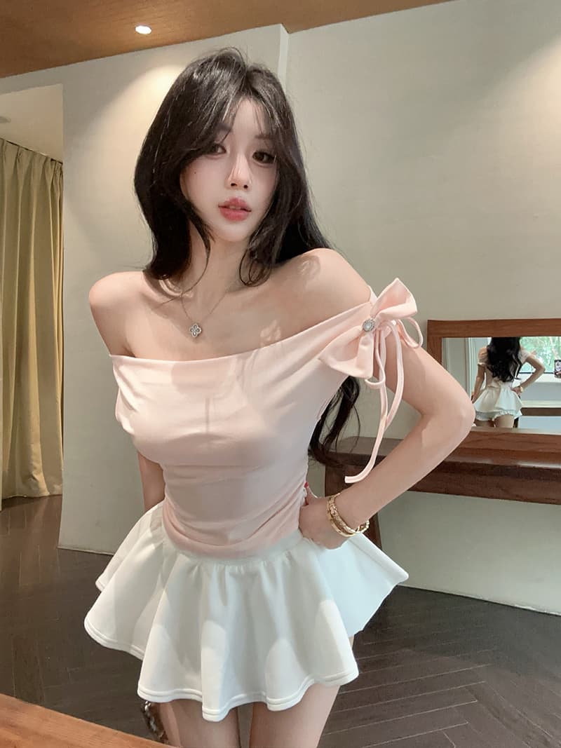 실사 한국 스타일 장난기 넘치는 나비 매듭 오프숄더 다용도 Feifei 소매 쇼트 스타일 티셔츠 상세 이미지 15