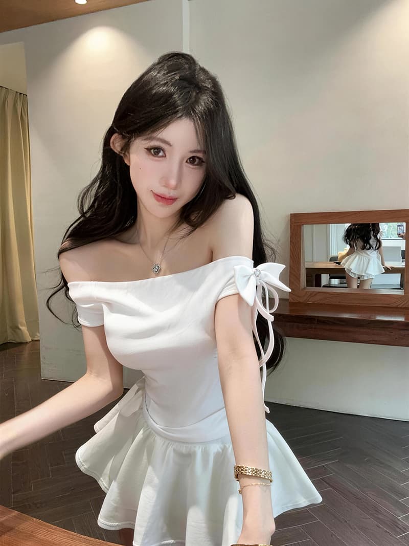 실사 한국 스타일 장난기 넘치는 나비 매듭 오프숄더 다용도 Feifei 소매 쇼트 스타일 티셔츠 상세 이미지 18