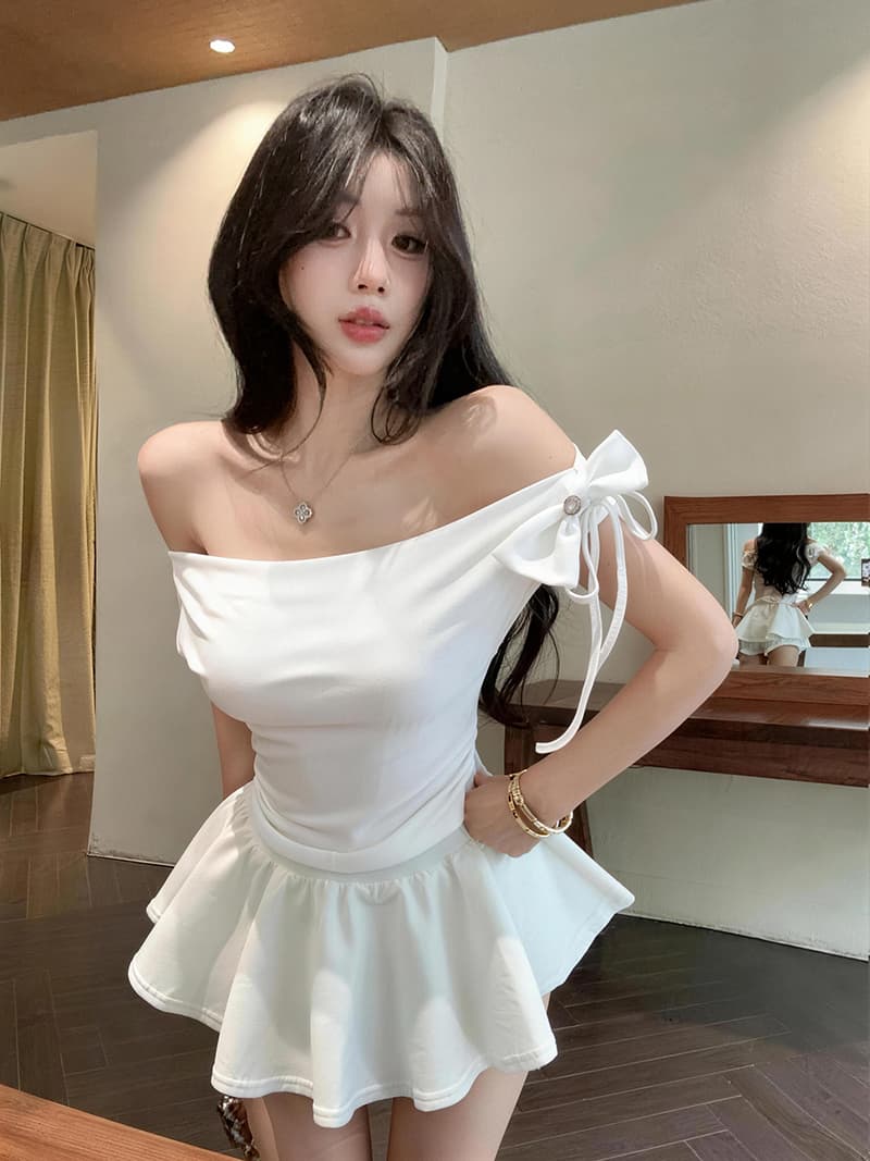 실사 한국 스타일 장난기 넘치는 나비 매듭 오프숄더 다용도 Feifei 소매 쇼트 스타일 티셔츠 상세 이미지 19