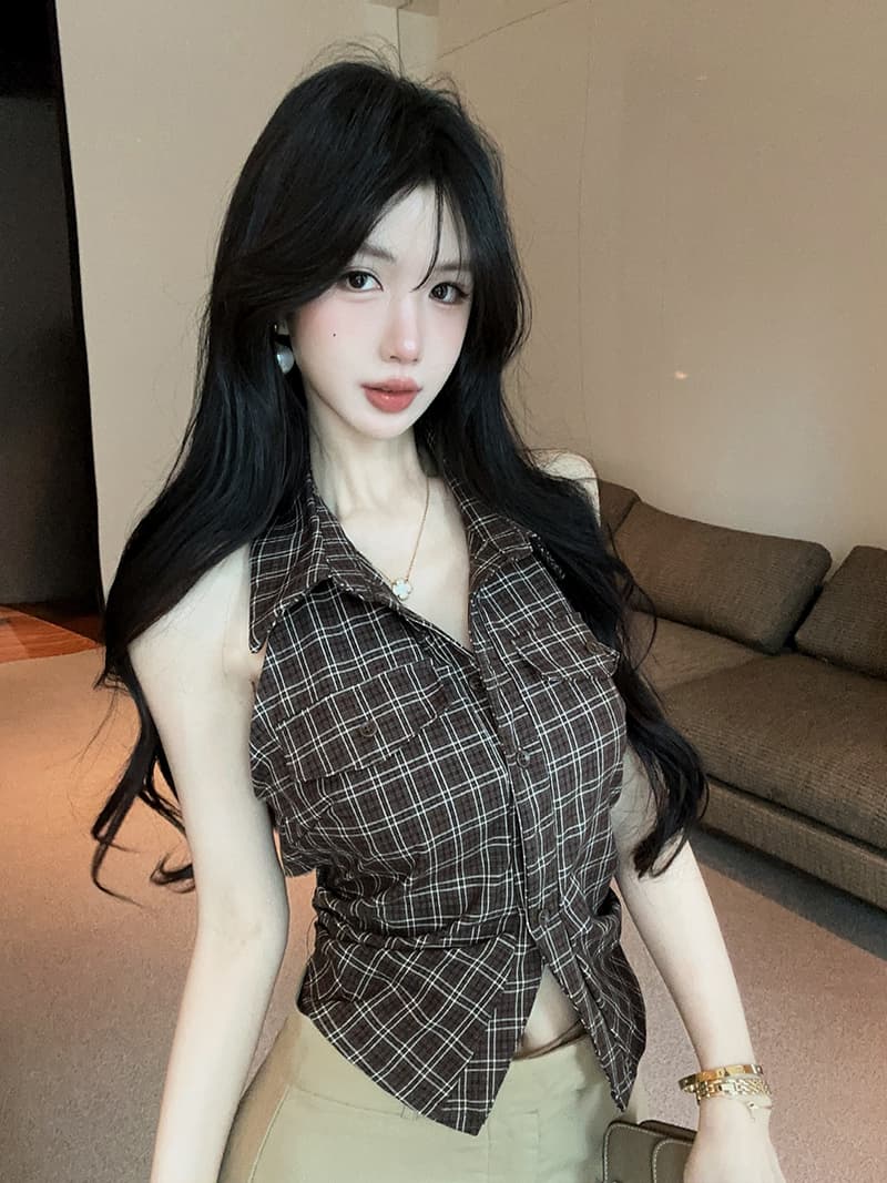 실사 정가 핫걸 레트로 체크무늬 폴로 칼라 민소매 여성 셔츠 품격 다용도 맨위 상세 이미지 2
