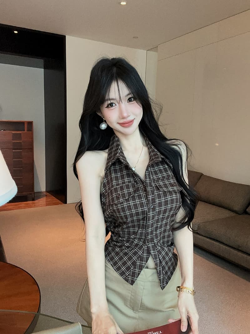 실사 정가 핫걸 레트로 체크무늬 폴로 칼라 민소매 여성 셔츠 품격 다용도 맨위 상세 이미지 5
