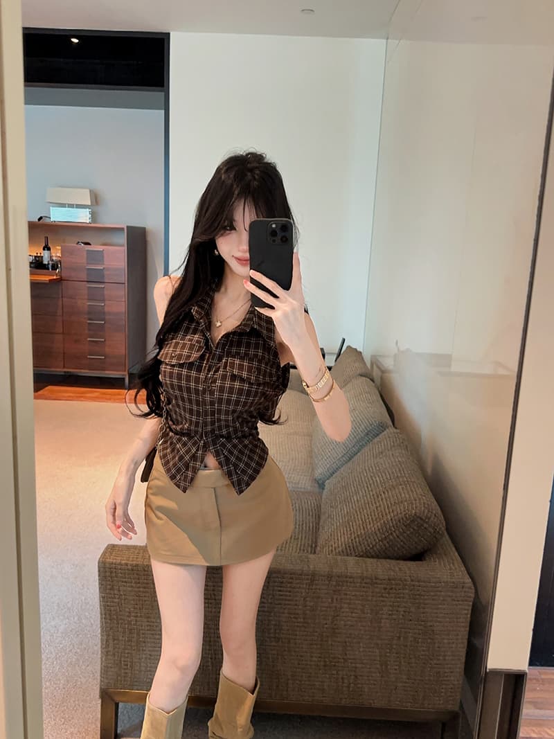 실사 정가 핫걸 레트로 체크무늬 폴로 칼라 민소매 여성 셔츠 품격 다용도 맨위 상세 이미지 7