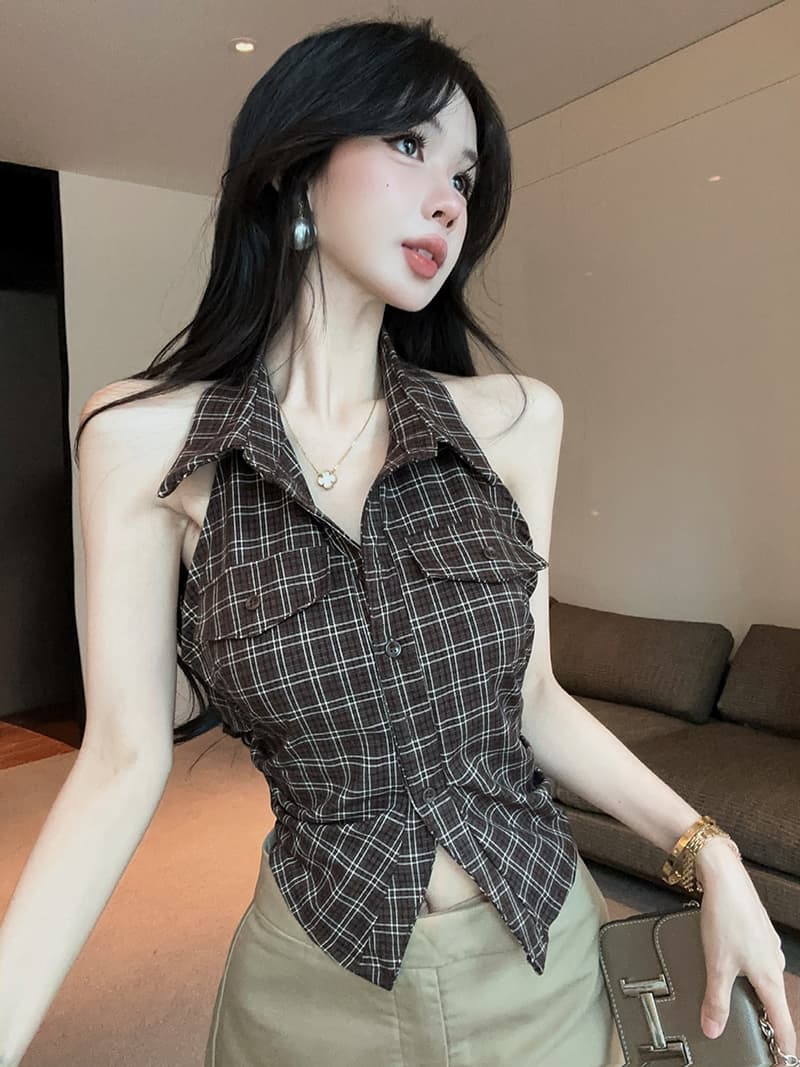 실사 정가 핫걸 레트로 체크무늬 폴로 칼라 민소매 여성 셔츠 품격 다용도 맨위 상세 이미지 8