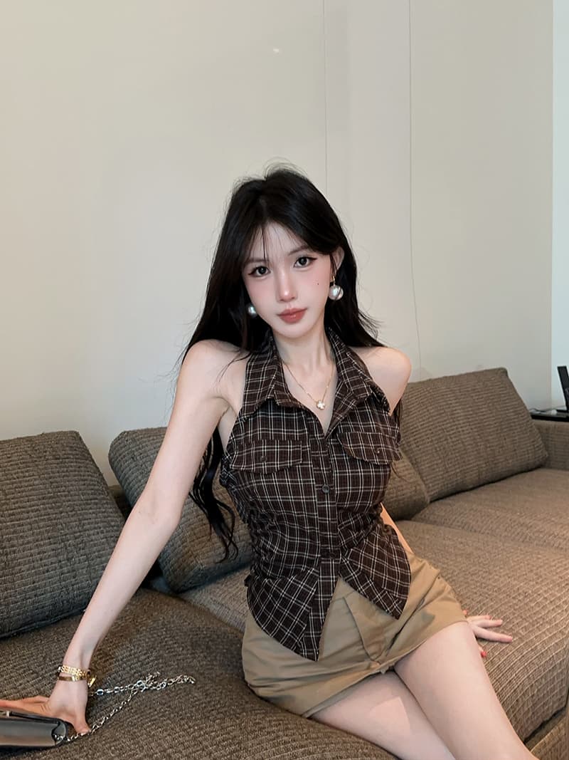 실사 정가 핫걸 레트로 체크무늬 폴로 칼라 민소매 여성 셔츠 품격 다용도 맨위 상세 이미지 10