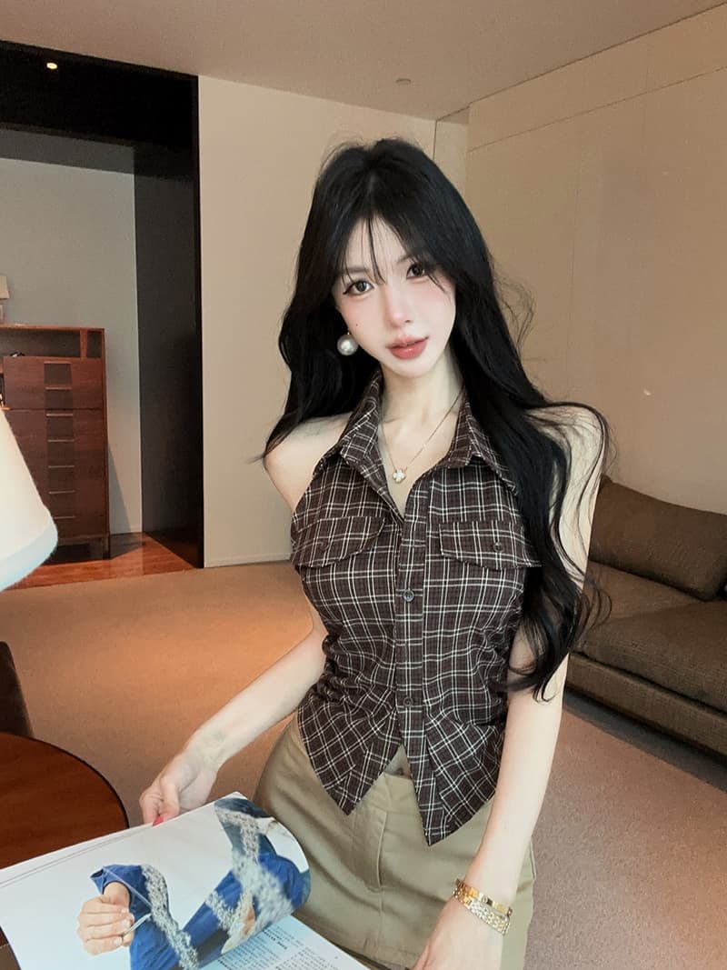 실사 정가 핫걸 레트로 체크무늬 폴로 칼라 민소매 여성 셔츠 품격 다용도 맨위 상세 이미지 12