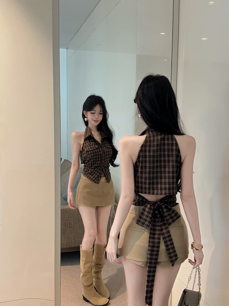 실사 정가 핫걸 레트로 체크무늬 폴로 칼라 민소매 여성 셔츠 품격 다용도 맨위 상세 이미지 13