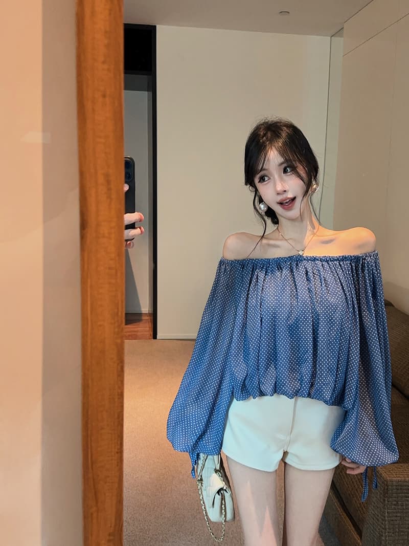 실사 정가 프랑스식 느긋한 오프숄더 긴팔 여성 셔츠 순수한 욕망 품격 이중층 맨위 상세 이미지 9