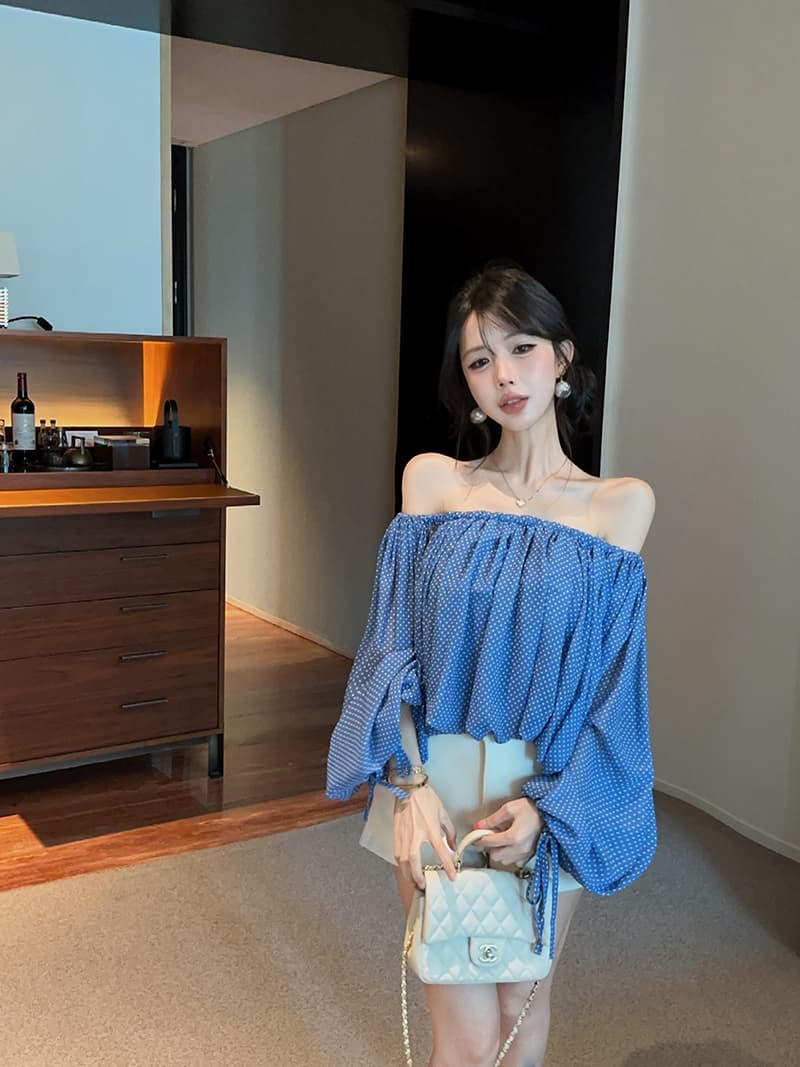 실사 정가 프랑스식 느긋한 오프숄더 긴팔 여성 셔츠 순수한 욕망 품격 이중층 맨위 상세 이미지 13