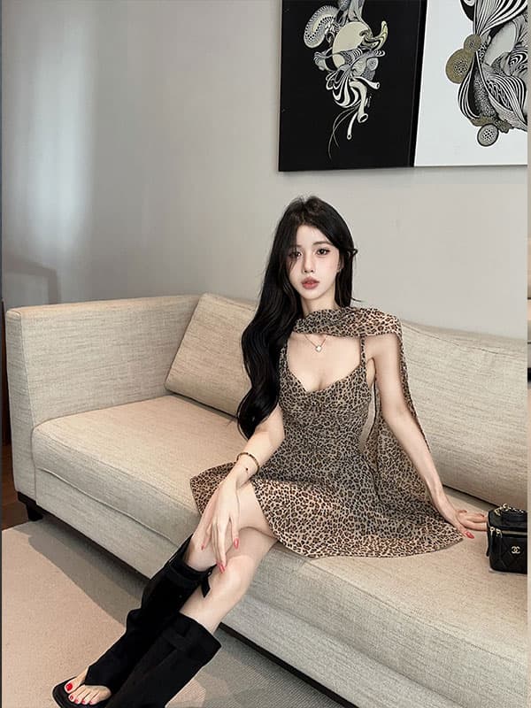 실사 정가 가스 질감 레오파드 무늬 리본 드레스 이미지 2