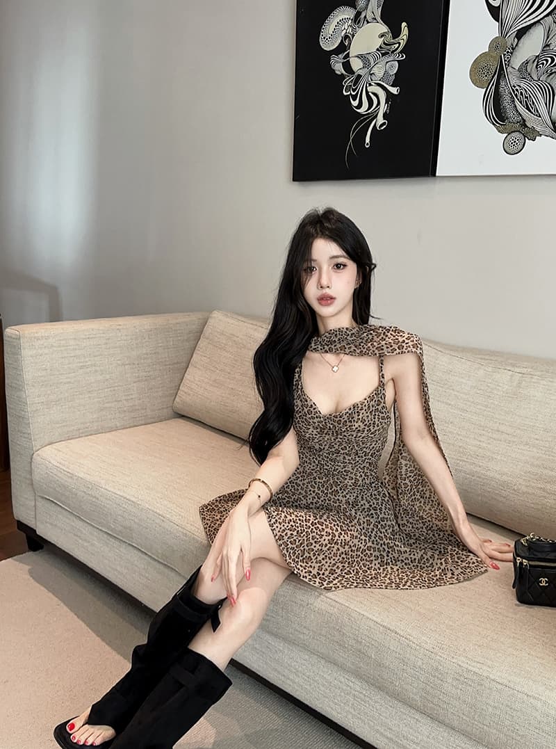 실사 정가 가스 질감 레오파드 무늬 리본 드레스 상세 이미지 11