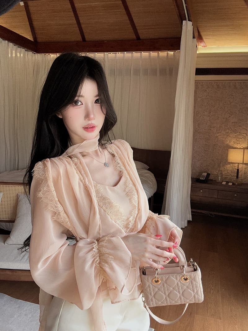 정가 정가 분위기 센스 V넥 레이스 연꽃 잎 밑단 쉬폰 여성 셔츠 거품 소매 허리 수축 맨위 리본 상세 이미지 1