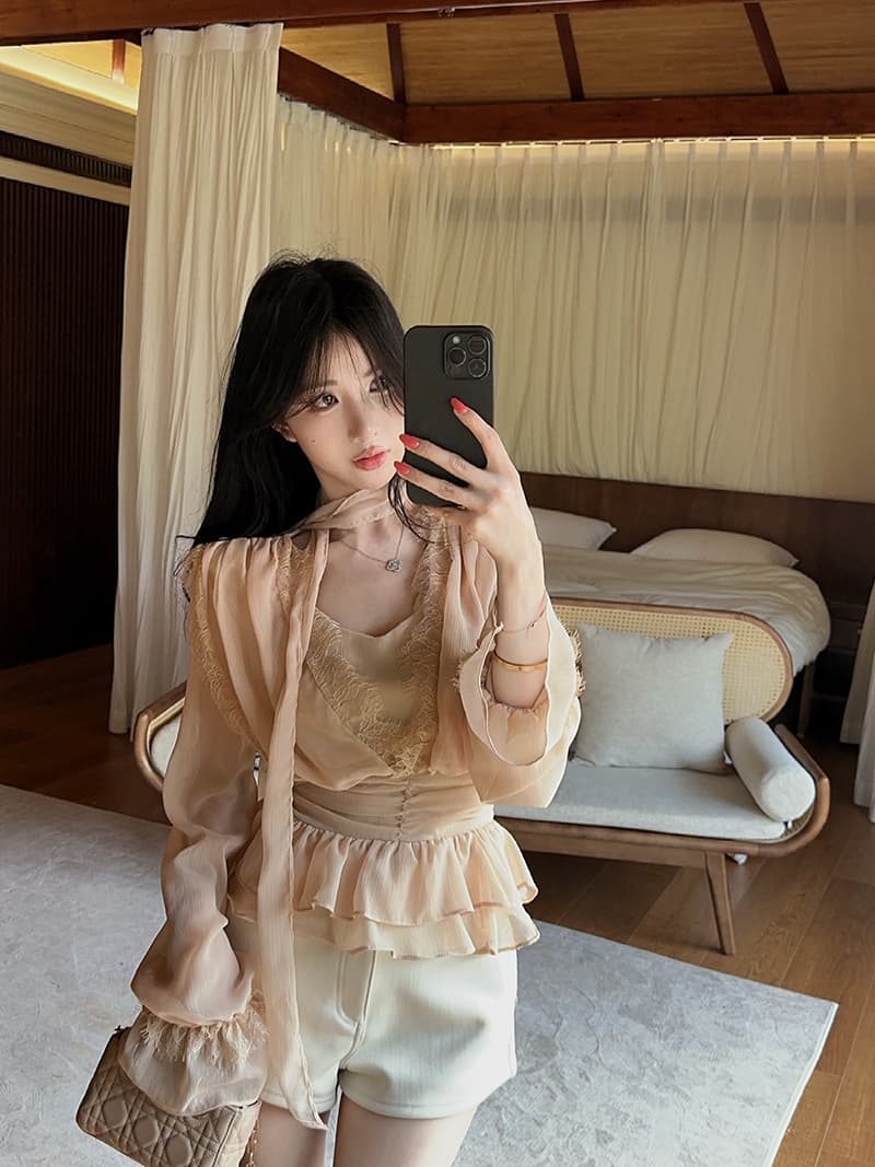 정가 정가 분위기 센스 V넥 레이스 연꽃 잎 밑단 쉬폰 여성 셔츠 거품 소매 허리 수축 맨위 리본 상세 이미지 11