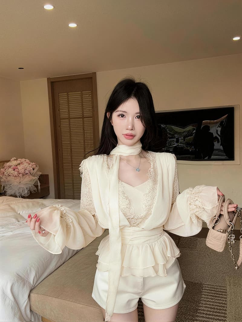 정가 정가 분위기 센스 V넥 레이스 연꽃 잎 밑단 쉬폰 여성 셔츠 거품 소매 허리 수축 맨위 리본 상세 이미지 15