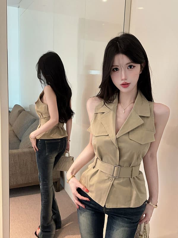 실사 정가 무거운 작업 디자인 센스 더블 가방 표지 poio 칼라 슬림해 보이는 조끼 셔츠 벨트 이미지 3