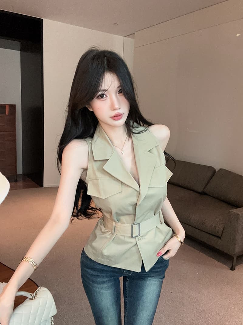 실사 정가 무거운 작업 디자인 센스 더블 가방 표지 poio 칼라 슬림해 보이는 조끼 셔츠 벨트 상세 이미지 5