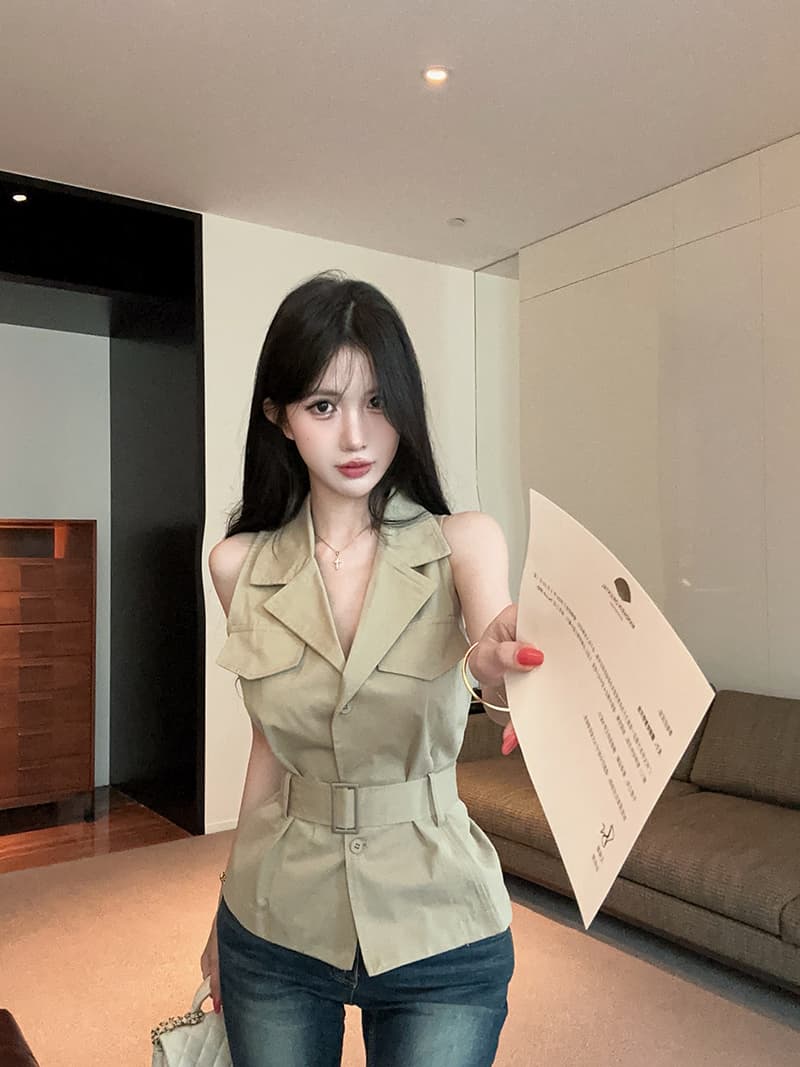 실사 정가 무거운 작업 디자인 센스 더블 가방 표지 poio 칼라 슬림해 보이는 조끼 셔츠 벨트 상세 이미지 11