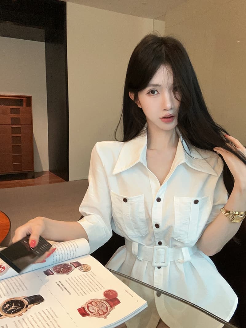 실사 정가 홍콩 느낌 패션 poio 칼라 디자인 센스 기타 주머니 7부 소매 슬림해 보이는 셔츠 벨트 상세 이미지 2